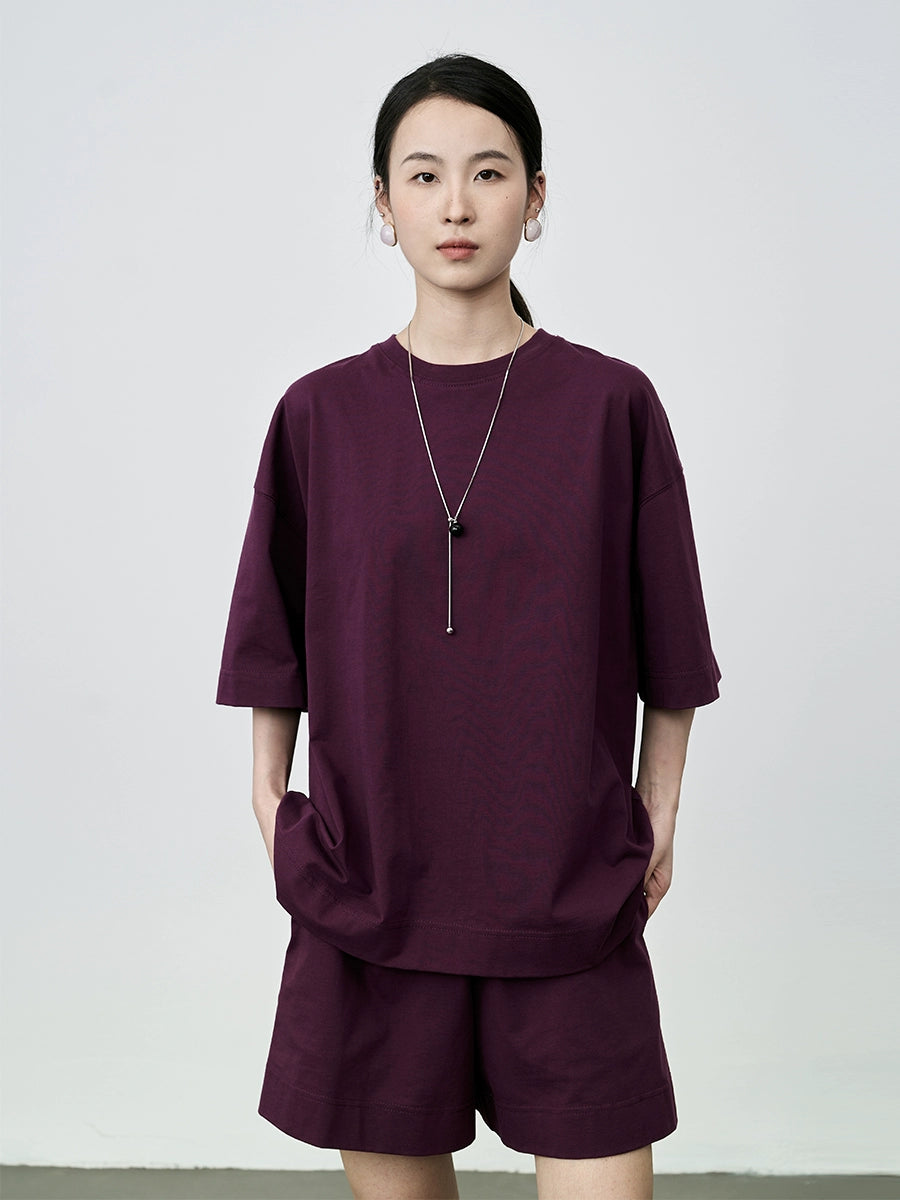 Conjunto de dos piezas de camiseta de algodón ajustada informal de verano con pantalón de cinco puntos y color morado ahumado de CAREMIND 