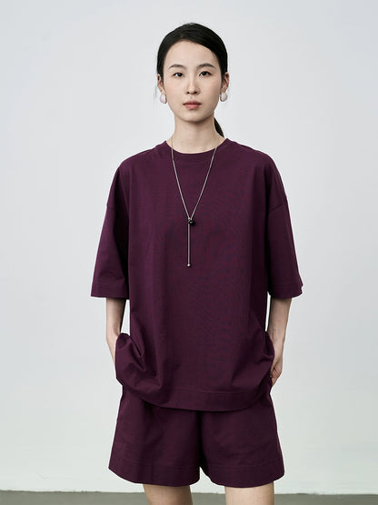 Conjunto de dos piezas de camiseta de algodón ajustada informal de verano con pantalón de cinco puntos y color morado ahumado de CAREMIND 