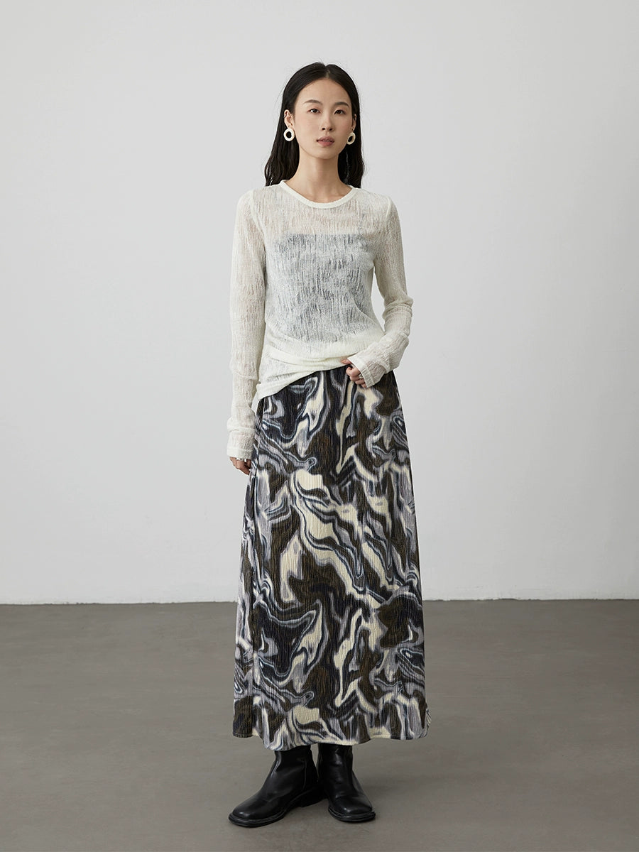 [Shanhaiji] CAREMIND brown and white smudged irregular texture skirt high waist and thin a-word long skirt