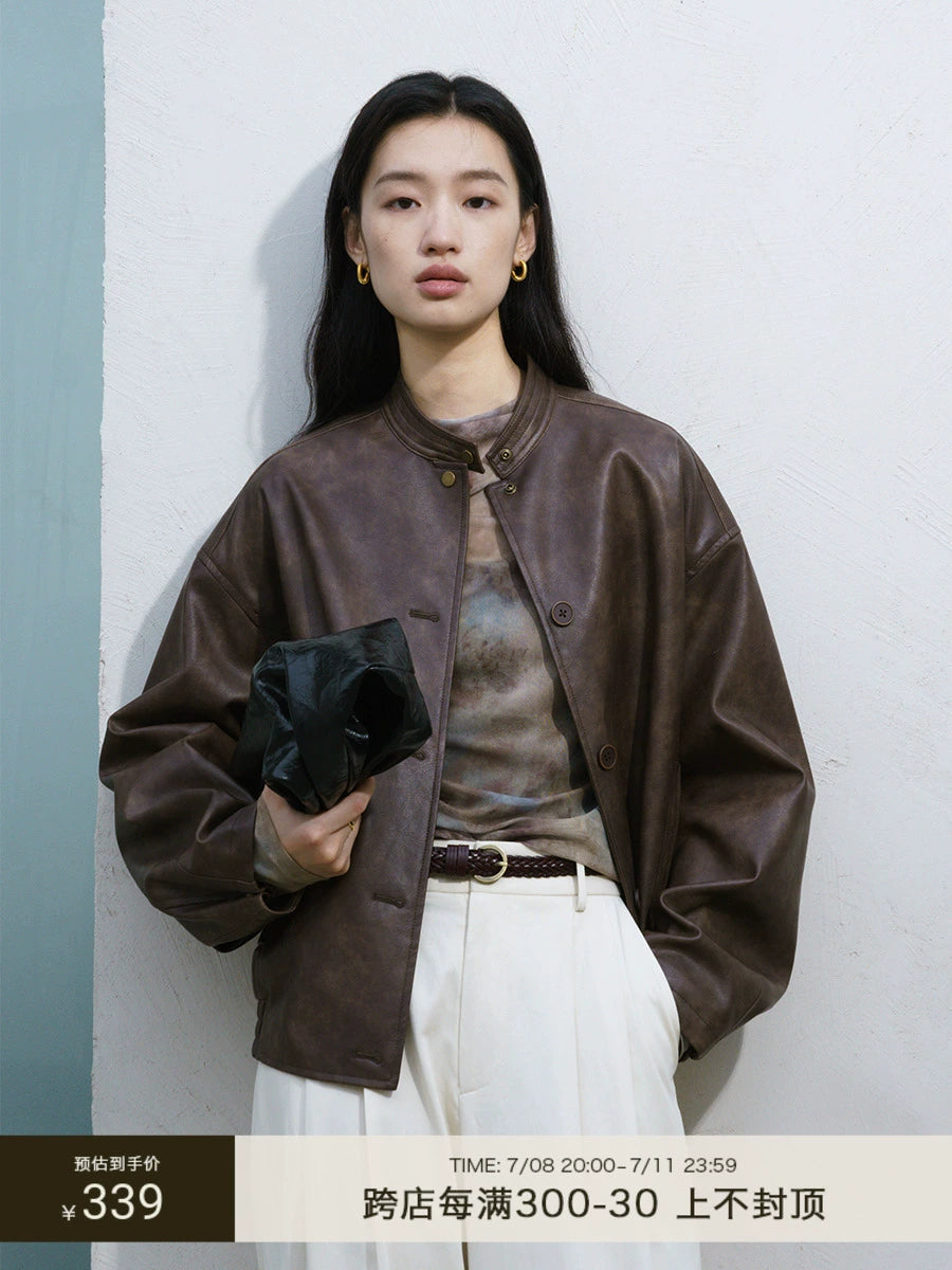 [Urban Nomad] CAREMIND retro yellow-brown leather jacket Merad stand-up collar temperament top