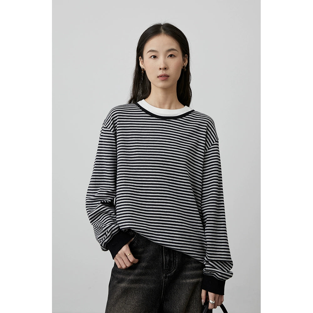 [TOMBOY sea soul shirt] CAREMIND black and gray striped long-sleeved top loose shoulder versatile bottoming shirt