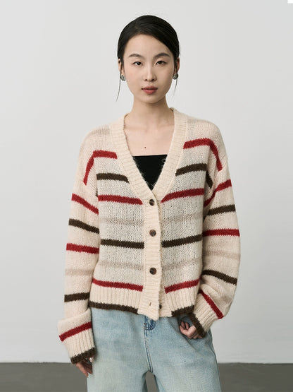 Chaqueta de punto con textura de mohair de primera calidad para mujer, cárdigan retro japonés de color contrastante de CAREMIND 