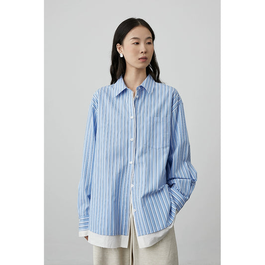 [Camisa de arquitecto] Camisa de rayas azules CAREMIND Chaqueta holgada con temperamento para mujeres que viajan diariamente en primavera y otoño 
