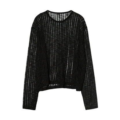 CAREMIND blusa de punto hueca de tres colores con perspectiva de tiras en el hoyo exterior con top de manga larga para mujer para desplazamientos de otoño 