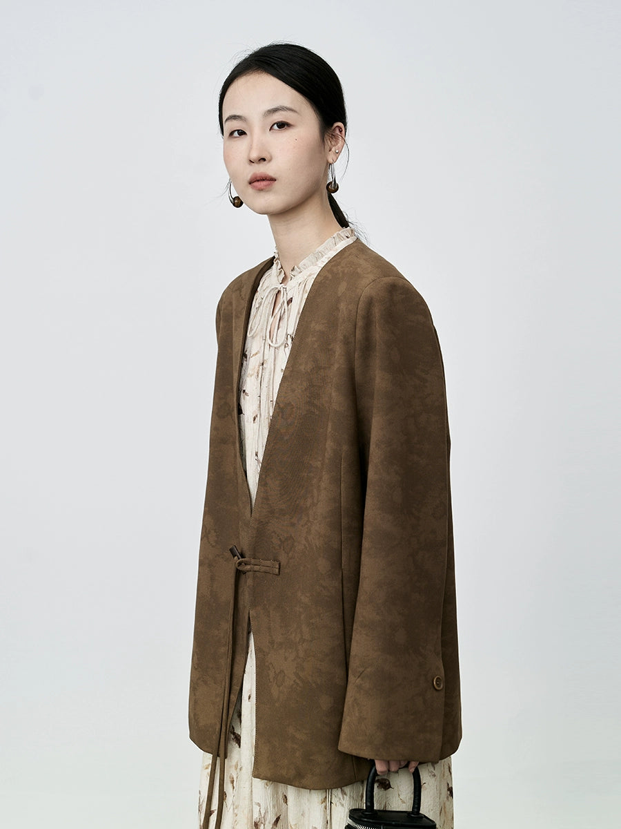 Nueva chaqueta de jacquard retro china de CAREMIND Maillard, sin cuello, con botones y temperamento 