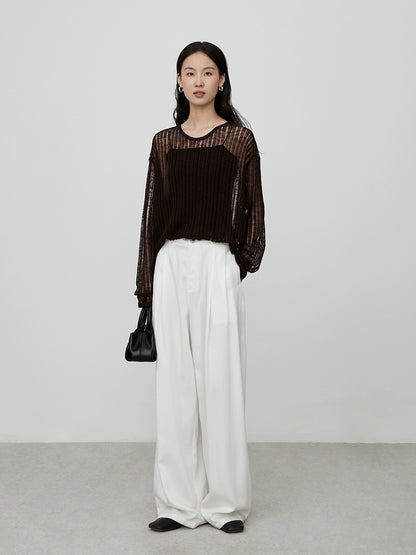 CAREMIND blusa de punto hueca de tres colores con perspectiva de tiras en el hoyo exterior con top de manga larga para mujer para desplazamientos de otoño 