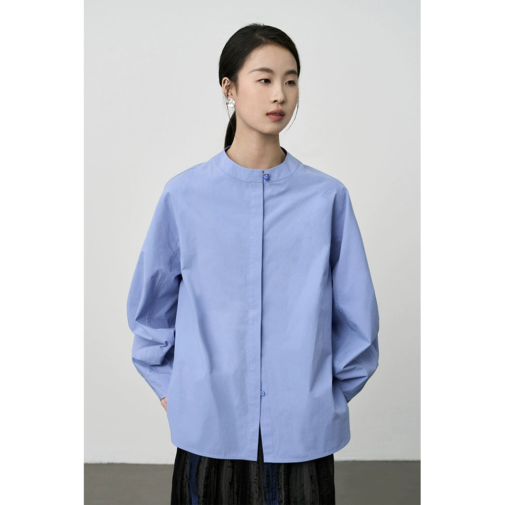 [Slow Daily] CAREMIND Premium New Chinese Neckline Button Shirt Temperament Pull Full Blue Versatile Shirt