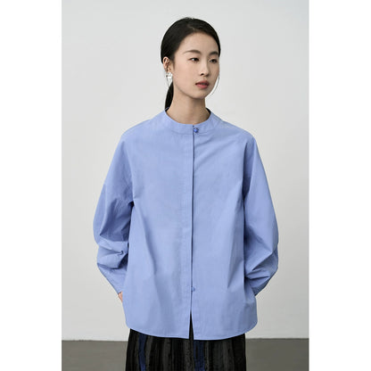 [Slow Daily] CAREMIND Premium New Chinese Neckline Button Shirt Temperament Pull Full Blue Versatile Shirt