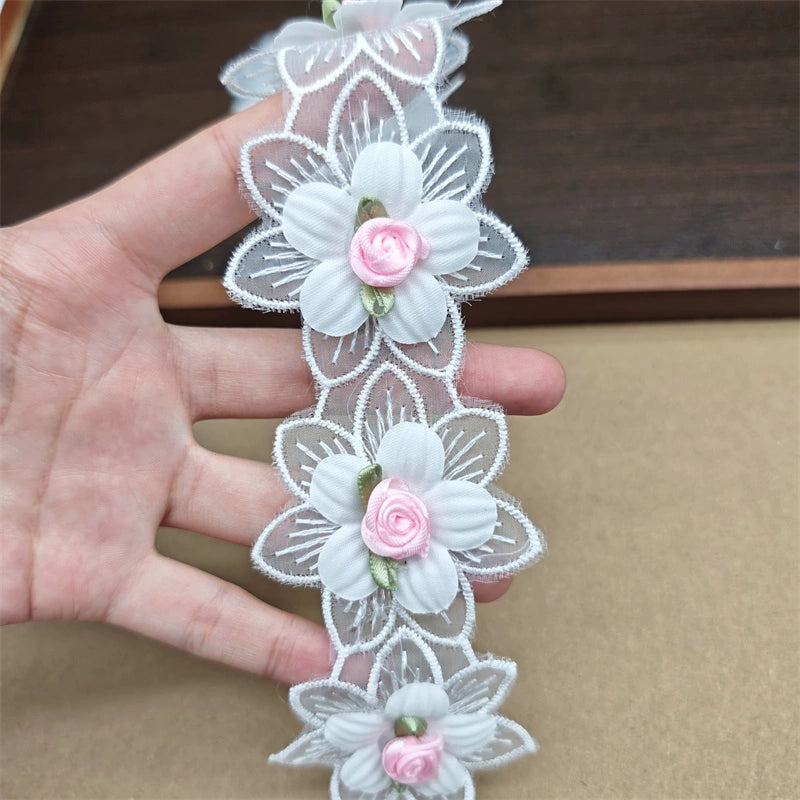 3556★ Accesorios de encaje de flores tridimensionales, encaje bordado de organza con cuentas de doble capa, sombrero de boda hecho a mano DIY, ropa para niños