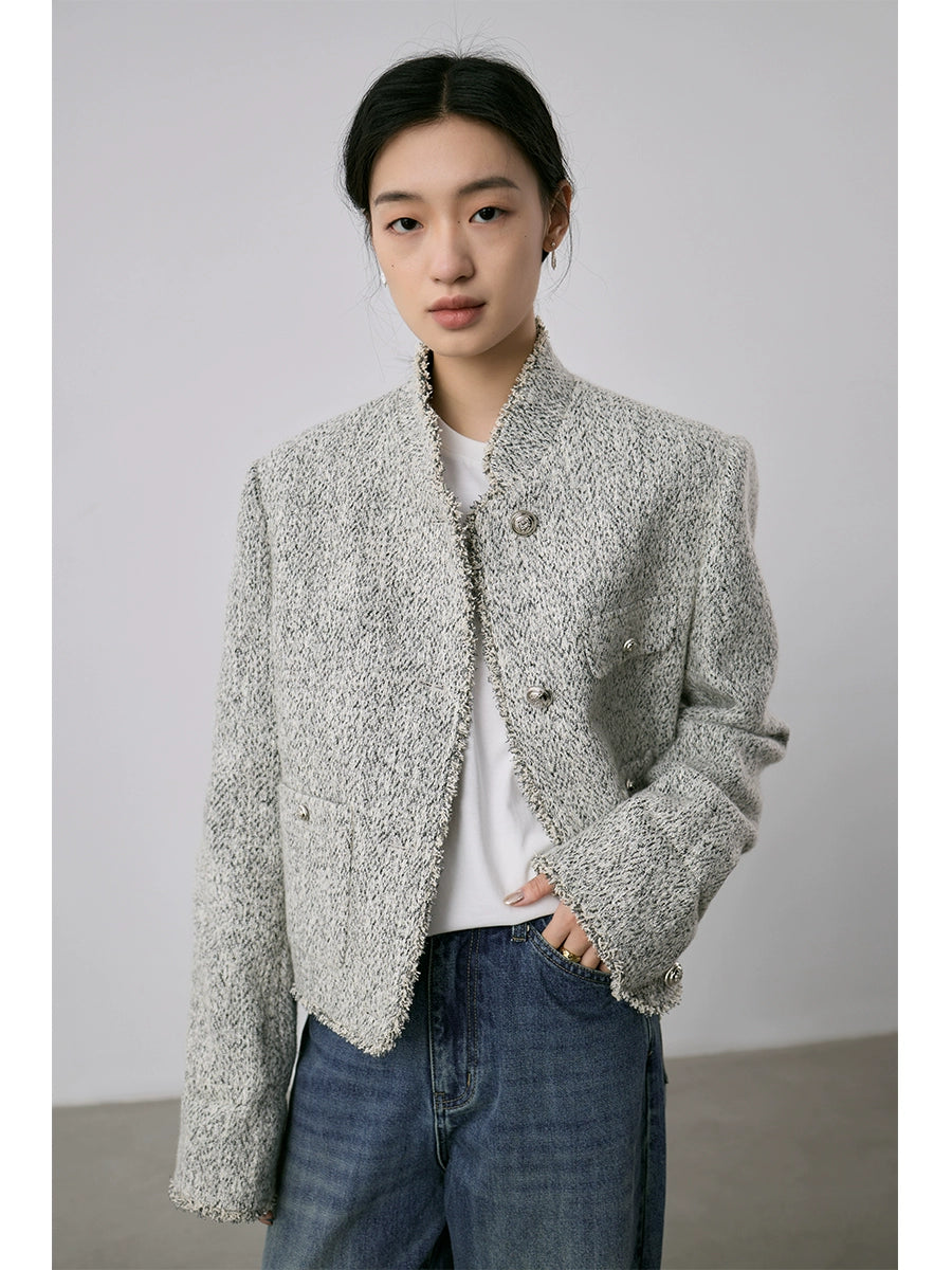 [Special price] Gray texture small fragrant coat women's short exquisite stand-up neck cardigan top autumn and winter new