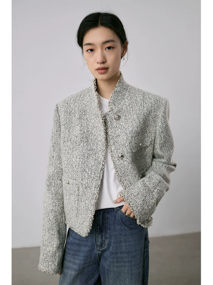 [Special price] Gray texture small fragrant coat women's short exquisite stand-up neck cardigan top autumn and winter new