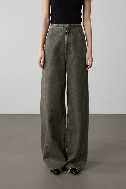 CAREMIND Old olive green narrow wide-leg jeans show straight and thin straight floor mopping pants women's spring and autumn models