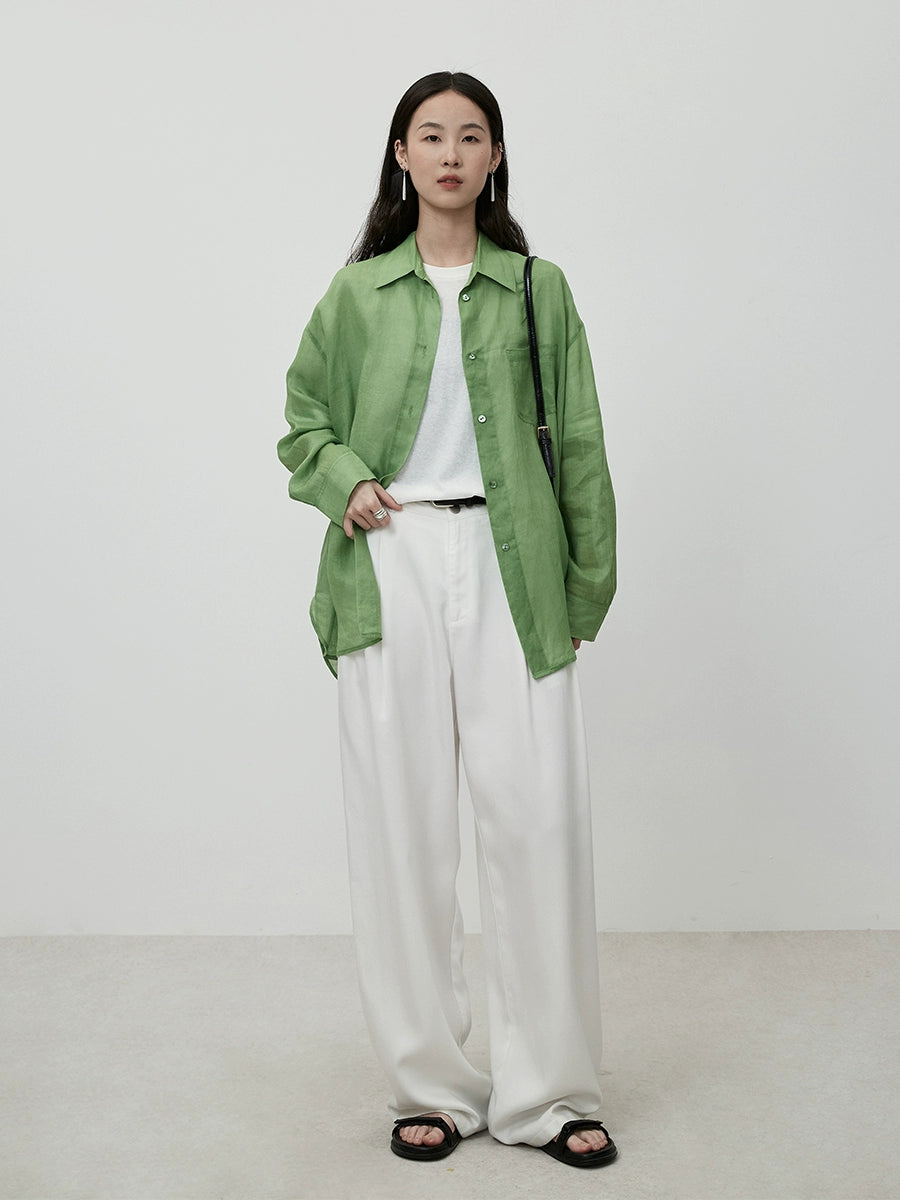 Camisa de ramio puro verde CAREMIND otoño nuevo cárdigan exterior fino versátil superior para viajeros 