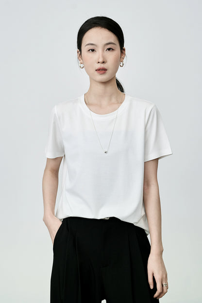 Camiseta básica clásica de cuello redondo de color liso de manga corta con hombros descubiertos para mujer de CAREMIND 