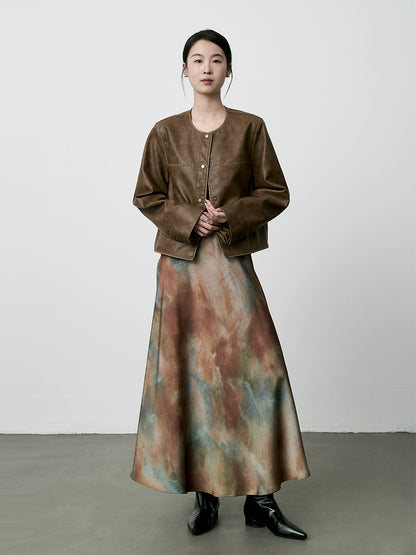 CAREMIND Chaqueta corta de cuero con cuello redondo Chaqueta corta premium Maillard Retro Wear para mujer 