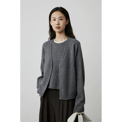 [Shu Nuan Wool] CAREMIND Simple Worsted 100% Wool Set Crew Neck Vest Cardigan Two-piece Set Autumn