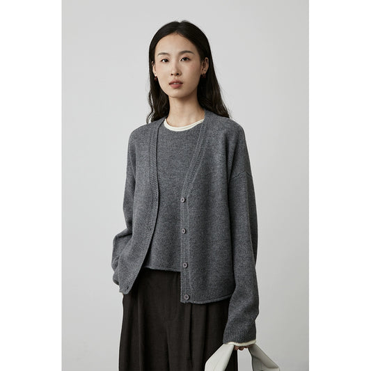 [Shu Nuan Wool] CAREMIND Simple Worsted 100% Wool Set Crew Neck Vest Cardigan Two-piece Set Autumn