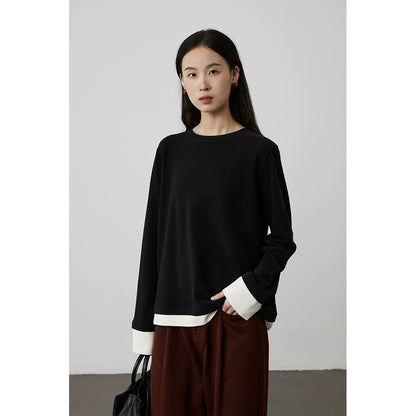 [Soft touch] CAREMIND early autumn splicing fake two-piece long-sleeved casual T-shirt design sense inner top