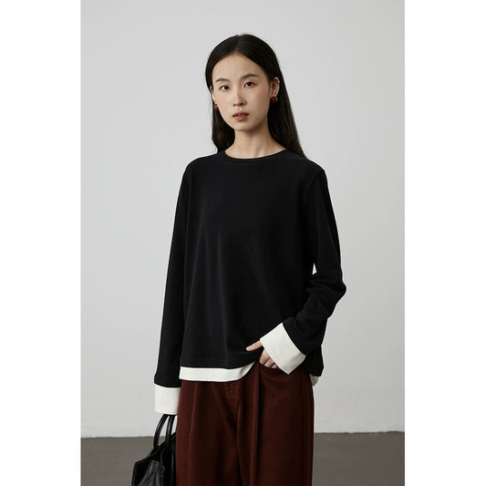 [Soft touch] CAREMIND early autumn splicing fake two-piece long-sleeved casual T-shirt design sense inner top