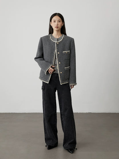 [Fragancia pequeña en tono gris] CAREMIND, fragancia pequeña de tweed clásico, temperamento de celebridad exquisito, abrigo corto 