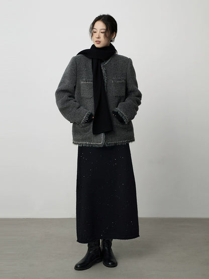 CAREMIND Suli Alpaca Light Ripe Small Fragrant Wind - Chaqueta de manga larga cálida de felpa gris con cuello redondo para mujer 