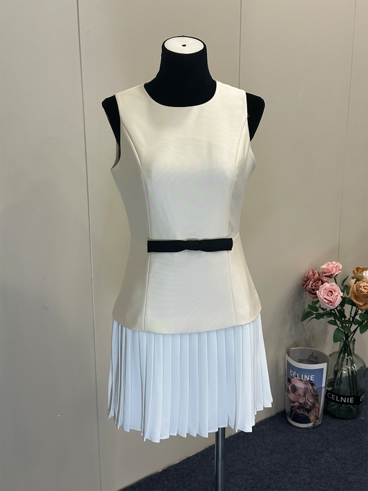 8016★  New French suit skirt women's splicing pleated skirt slim high-end commuter champagne apricot dress