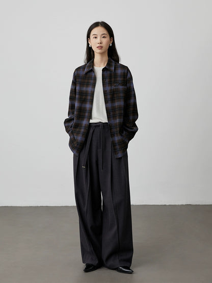 [Camisa gris] CAREMIND Camisa a cuadros azul café elegante original Chaqueta superior versátil e informal de otoño 