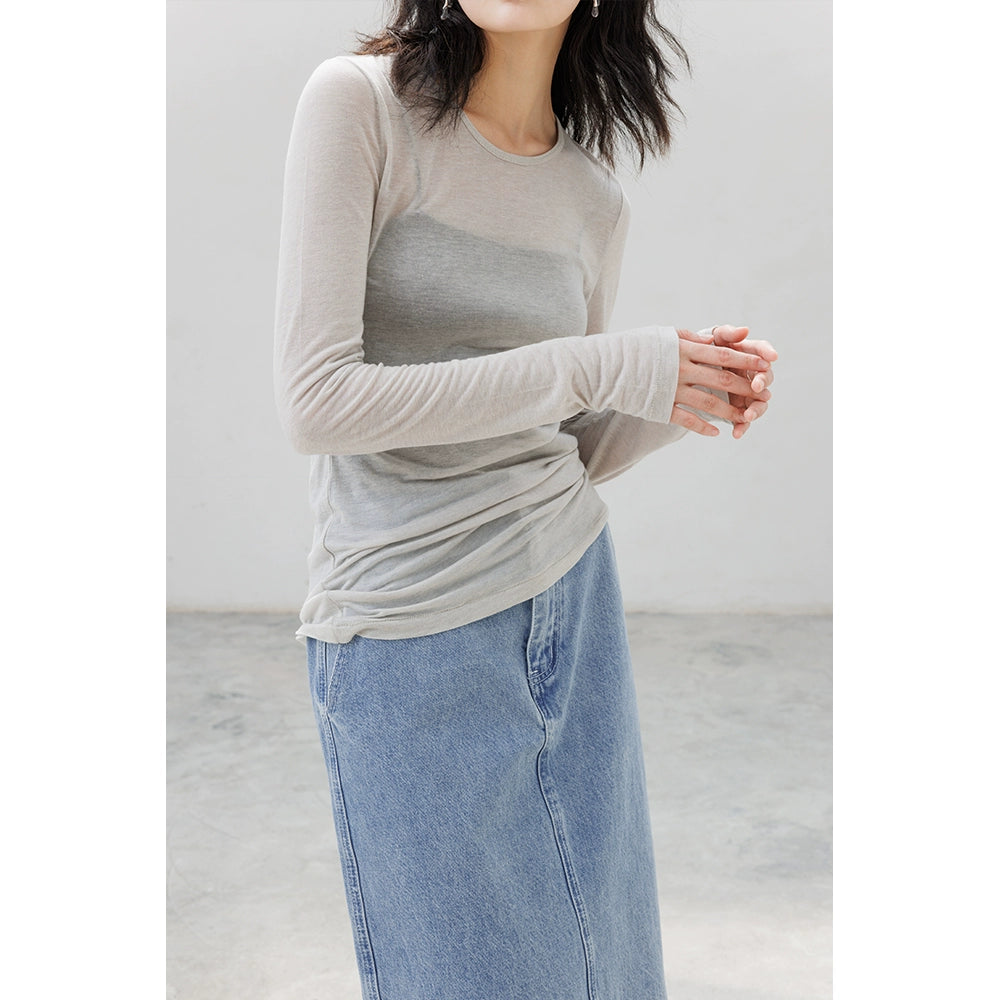 [Oferta especial por tiempo limitado] Camisa de punto de lana Tencel, top de manga larga con cuello redondo, acaparamiento y apilamiento ligeros, artefacto para mujer 