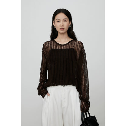 CAREMIND blusa de punto hueca de tres colores con perspectiva de tiras en el hoyo exterior con top de manga larga para mujer para desplazamientos de otoño 