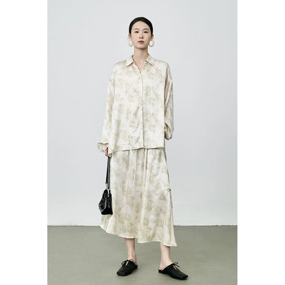 CAREMIND Nouveau costume abricot chinois, jupe à manches longues en satin à fleurs de style national, costume deux pièces pour femme