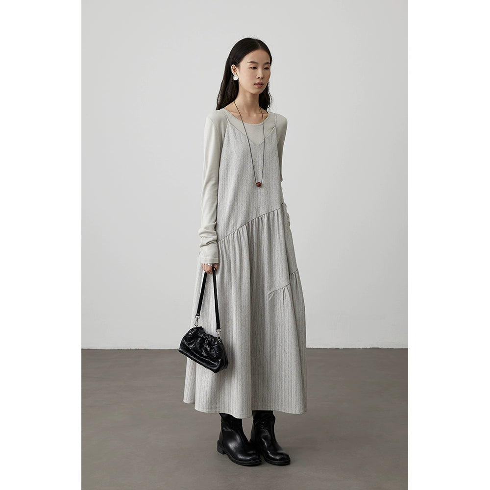 [Singing in the Rain] CAREMIND Grey V-Neck Suspender Dress Twill Irregular Sleeveless Stacked Medium and Long Dress