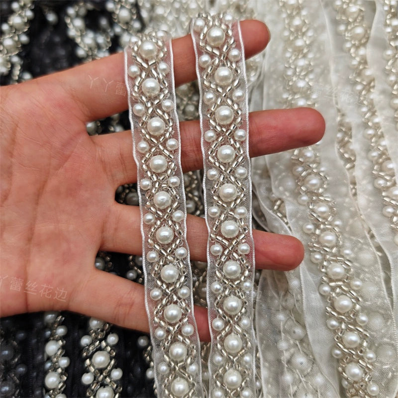 3720 Accesorios de ropa con cuentas de perlas para la industria pesada, encaje de cuentas de malla, accesorios decorativos hechos a mano para cuellos de ropa DIY