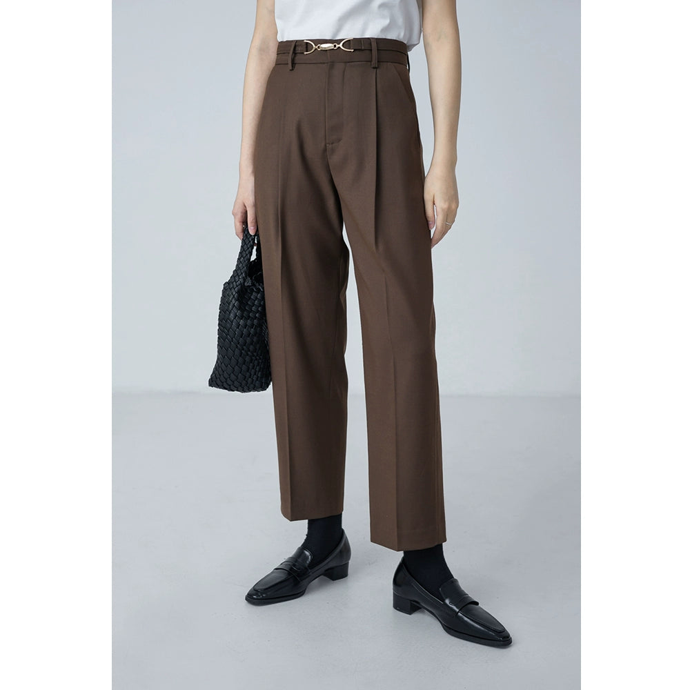 [Oferta por tiempo limitado] Pantalones con hebilla de metal marrón CAREMIND, pantalones casuales sencillos de nueve puntos para mujer 