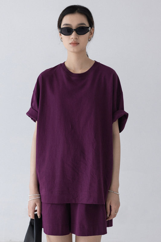 [Oferta especial por tiempo limitado] Diseño nuevo de verano simple ahumado morado cuello redondo suelto perezoso camiseta de manga corta traje de mujer 