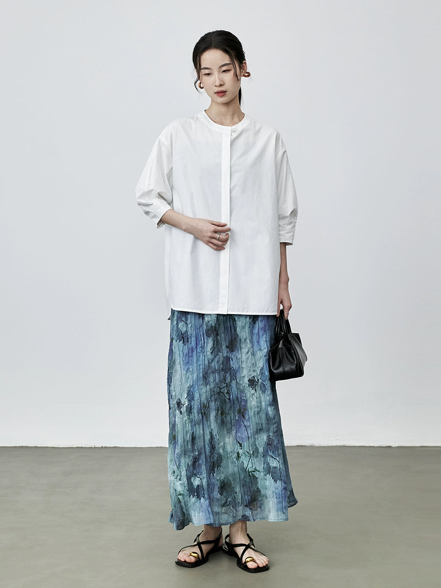 CAREMIND Nouvelle chemise boutonnée élégante chinoise couleur unie automne nouveau design haut à manches moyennes chemise de banlieue