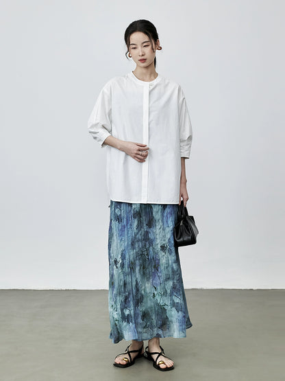 CAREMIND Nouvelle chemise boutonnée élégante chinoise couleur unie automne nouveau design haut à manches moyennes chemise de banlieue