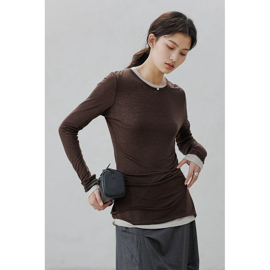 [Oferta especial por tiempo limitado] Camisa de punto de lana Tencel, top de manga larga con cuello redondo, acaparamiento y apilamiento ligeros, artefacto para mujer 