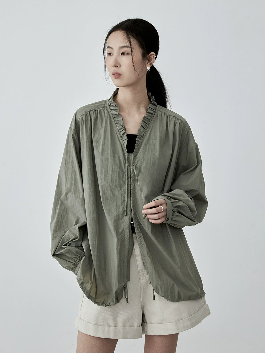 Camisa con cordón y cuello de hongo para exteriores de CAREMIND para mujer, blusa fina informal holgada de otoño 