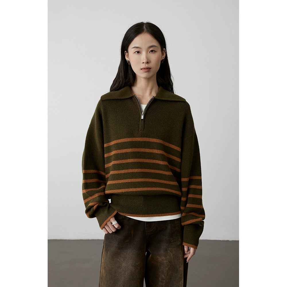 [Amigos] Suéter de solapa con rayas en contraste color caramelo de CAREMIND Suéter de punto holgado y holgado para primavera y otoño 