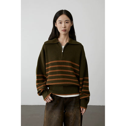 [Amigos] Suéter de solapa con rayas en contraste color caramelo de CAREMIND Suéter de punto holgado y holgado para primavera y otoño 