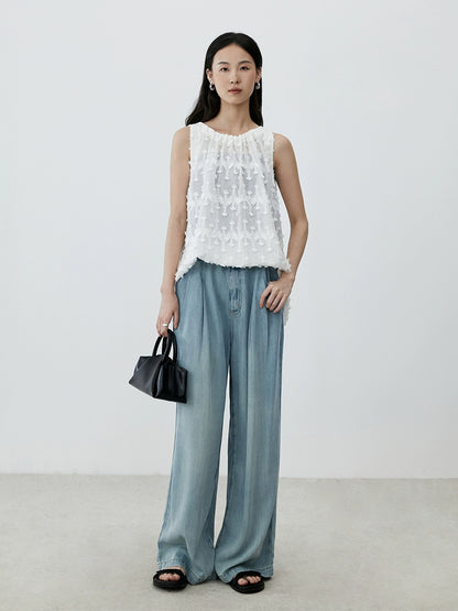 [Diente de león] CAREMIND Chic Jacquard Bordado Blanco Sin Mangas Cuello Flecos Top Mujer Nuevo 