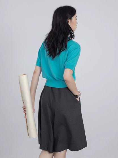 [Oferta por tiempo limitado] Camiseta de manga corta de punto con solapa tipo polo de color liso y temperamento sencillo 