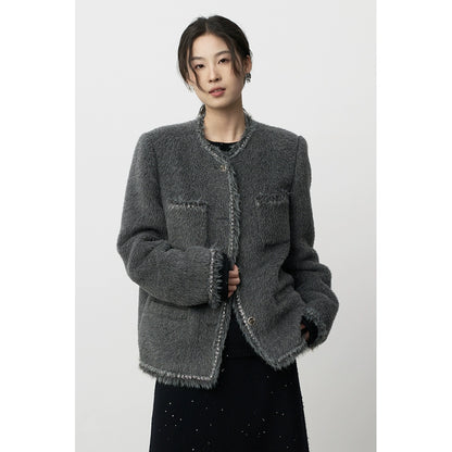 CAREMIND Suli Alpaca Light Ripe Small Fragrant Wind - Chaqueta de manga larga cálida de felpa gris con cuello redondo para mujer 