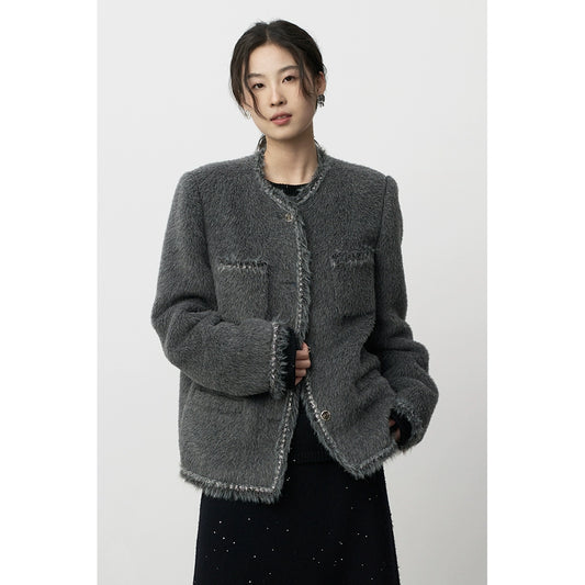 CAREMIND Suli Alpaca Light Ripe Small Fragrant Wind - Chaqueta de manga larga cálida de felpa gris con cuello redondo para mujer 