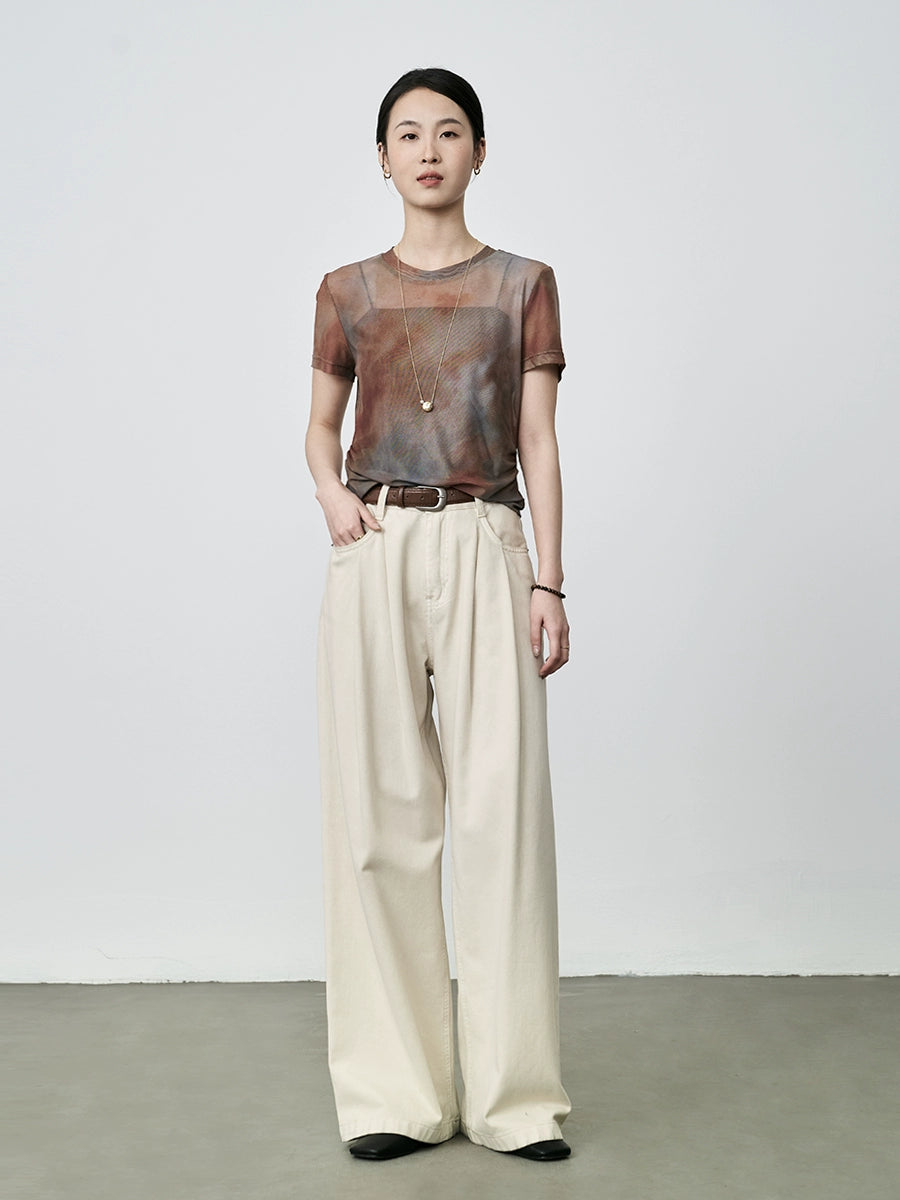 Camiseta ajustada de manga corta con cuello redondo, malla con efecto tie-dye y diseño de manchas de atardecer de CAREMIND 