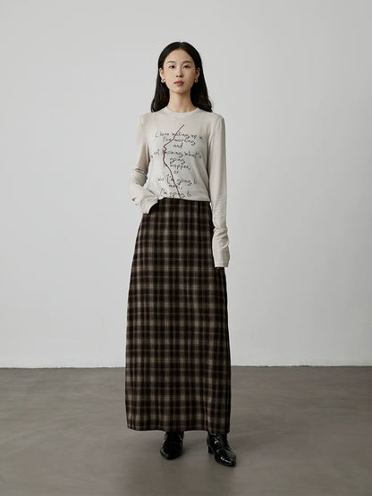 [Latte caliente] Falda ajustada a cuadros color café con temperamento retro de CAREMIND, falda dividida en forma de A con cintura elástica 