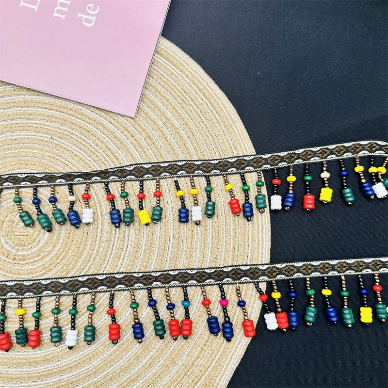 3715 Cuentas hechas a mano, cinta de encaje de estilo étnico, accesorios de ropa de bricolaje, accesorios, decoración de dobladillo de ropa, cinturón de cuentas con flecos
