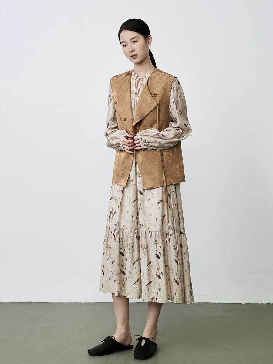 CAREMIND Vestido floral francés para mujer, largo, amarillo albaricoque, temperamento de alta gama, vestido de estilo ligero y maduro 