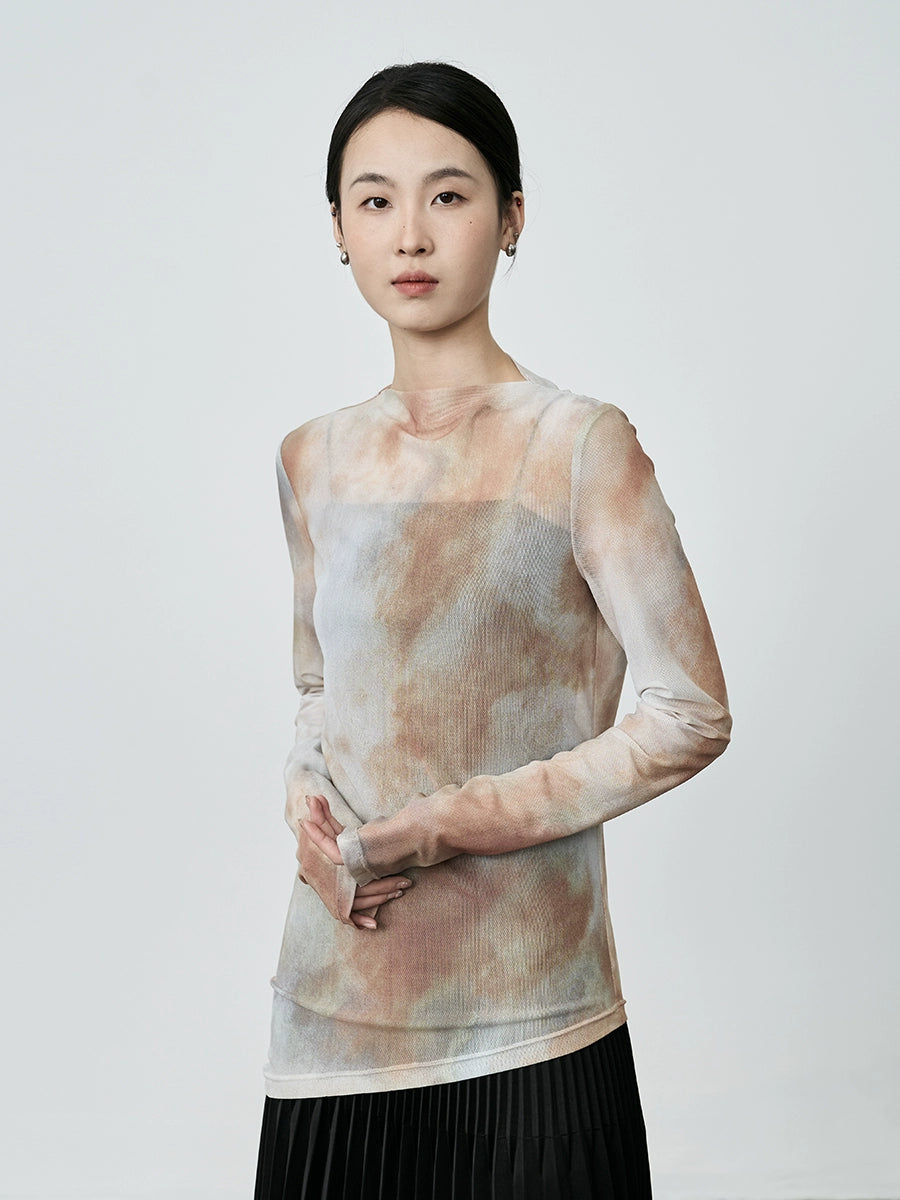 Chemise CAREMIND en maille fine rose et bleu, imprimée tie-dye, à changement progressif, design irrégulier