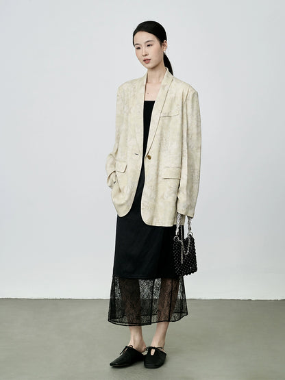 CAREMIND Nuevo blazer chino de tencel con cuello de manzana, traje pequeño holgado con estampado beige para mujer 